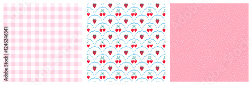 Set of seamless patterns with cherries and strawberries, ribbon bows, checkered and polka dot pattern. Romantic cute provence background. Template for card, invitation, poster, wrapping cover, banner.
