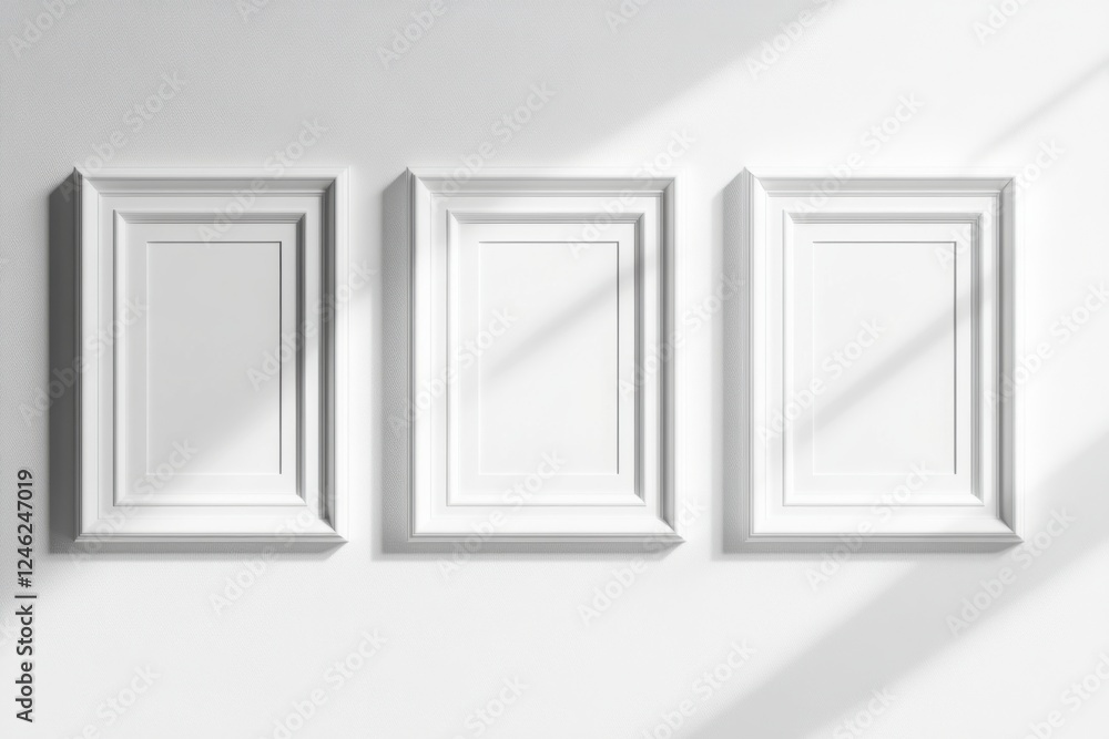 Modern decorative mockup showcasing three elegant picture frames arranged on a bright white wall in a minimalist style Modern decorative mockup showcasing three elegant picture frames arranged on a bright white wall in a minimalist style