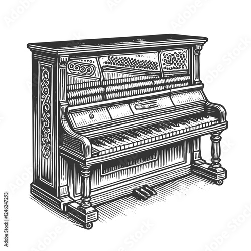 Ornate Upright Piano engraving vector illustration