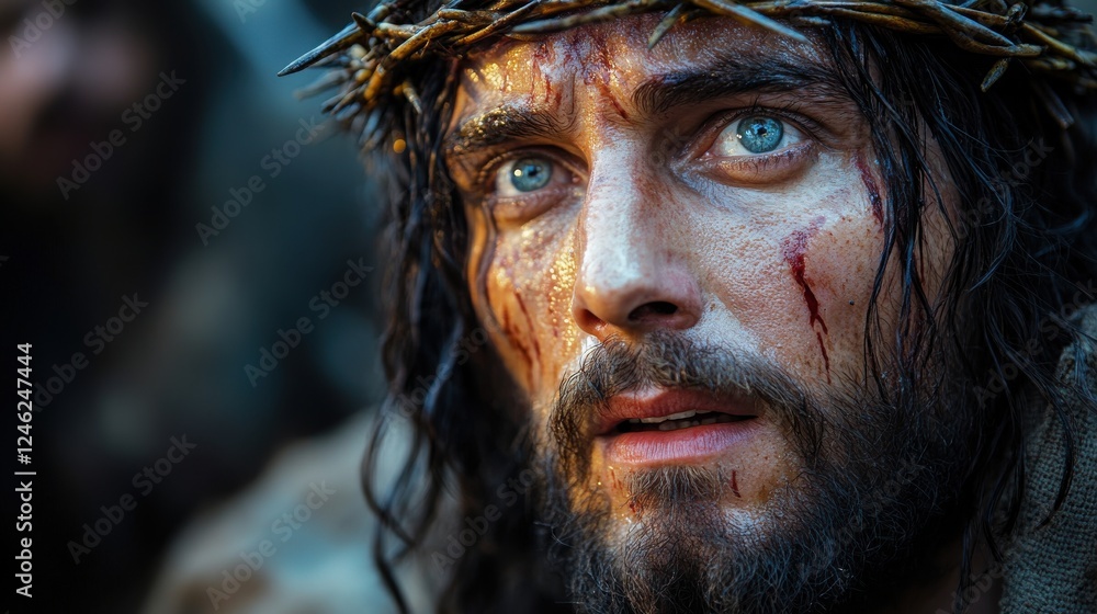 jesus christ with crown of thorns on his head in the dark looking up photorealistic portrait jesus christ with crown of thorns on his head in the dark looking up photorealistic portrait