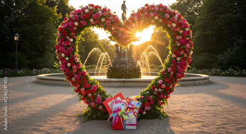 Heart-shaped floral arch in a park, a fountain behind, a gift hamper at the base21 photo