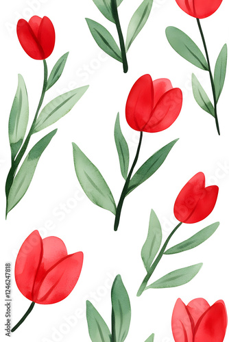 Wallpaper Mural Watercolor seamless pattern of cute minimalistic tulips. Red and green colors isolated on white backdrop Torontodigital.ca
