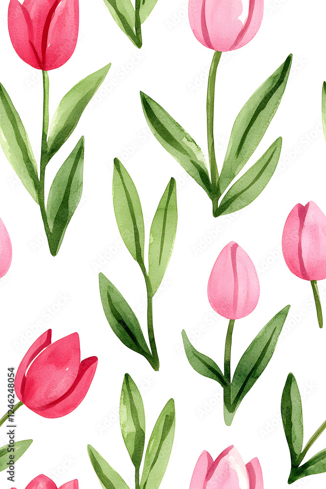Obraz premium Watercolor seamless pattern of cute minimalistic tulips. Red and green colors isolated on white backdrop
