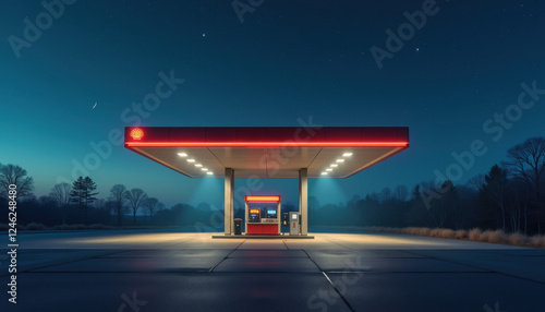 Shell Gas Station Illuminated Under Twilight Starry Sky with Expansive Copy Space
