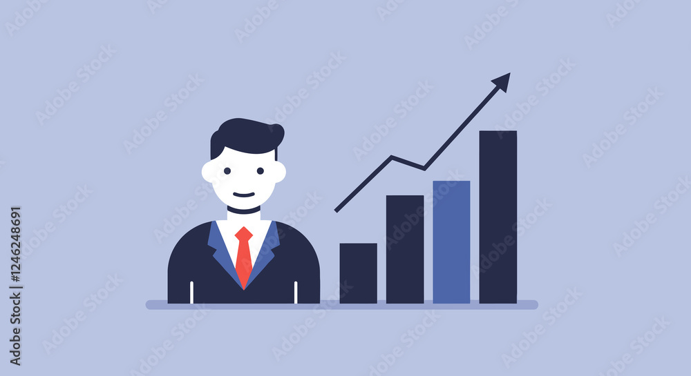 Hold Stock Share Illustration. A person in a suit with a red tie stands next to a bar chart with an upward trend. Vector illustration design. Hold Stock Share Illustration. A person in a suit with a red tie stands next to a bar chart with an upward trend. Vector illustration design.