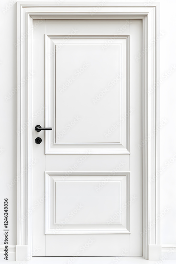 Entry white door mock up, classic framed molded isolated on white background Entry white door mock up, classic framed molded isolated on white background