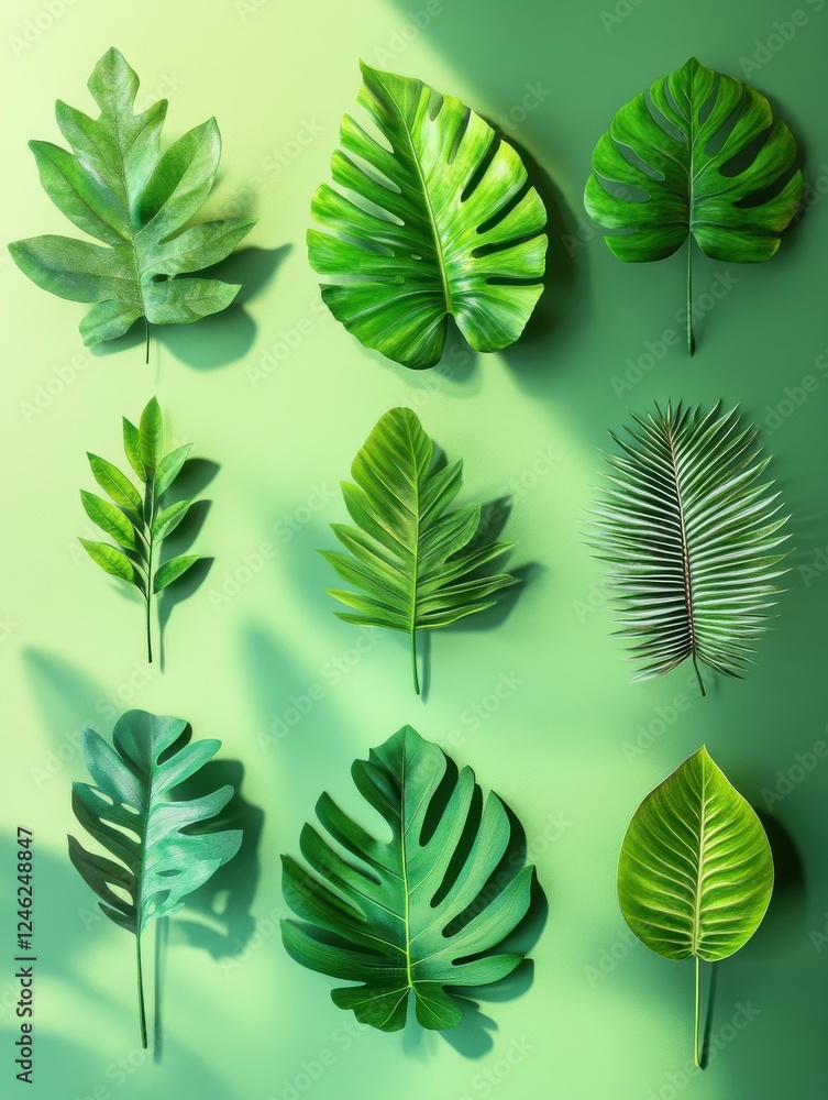 collage of fresh tropical green leaves on green background with shadow collage of fresh tropical green leaves on green background with shadow