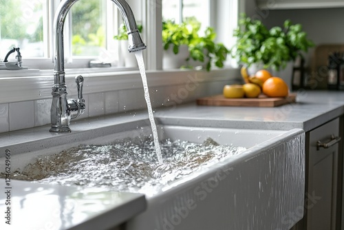Kitchen sink with overflowing water due to clogged drain in bright space. Generative AI