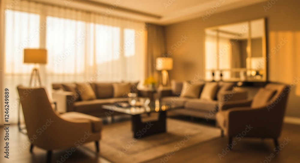 Fototapeta premium Abstract Blur Modern Living Room Interior Design with Warm Lighting for background