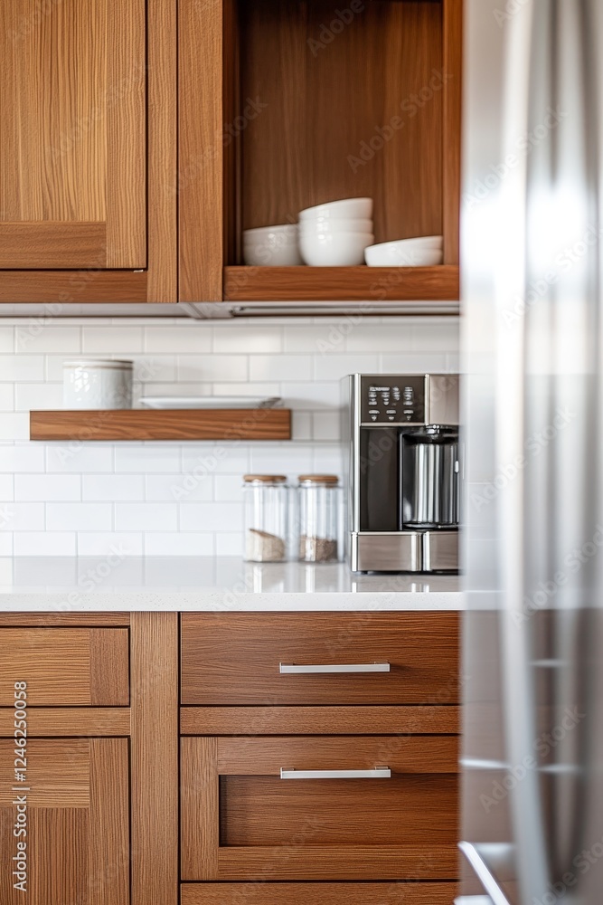 Modern kitchen cabinetry, coffee maker, and pantry items Modern kitchen cabinetry, coffee maker, and pantry items