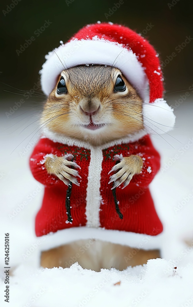Chipmunk in Santa suit in snowy winter setting, ideal for holiday cards Chipmunk in Santa suit in snowy winter setting, ideal for holiday cards