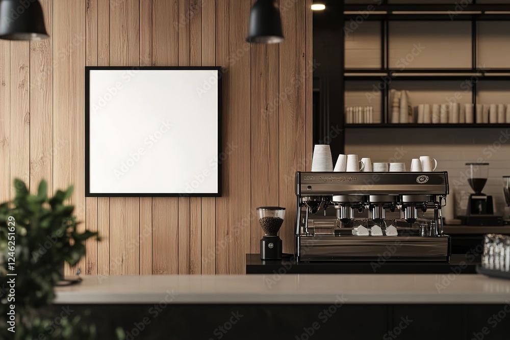 Stylish Coffee Shop Mockup with Blank Frame and Espresso Machine Stylish Coffee Shop Mockup with Blank Frame and Espresso Machine