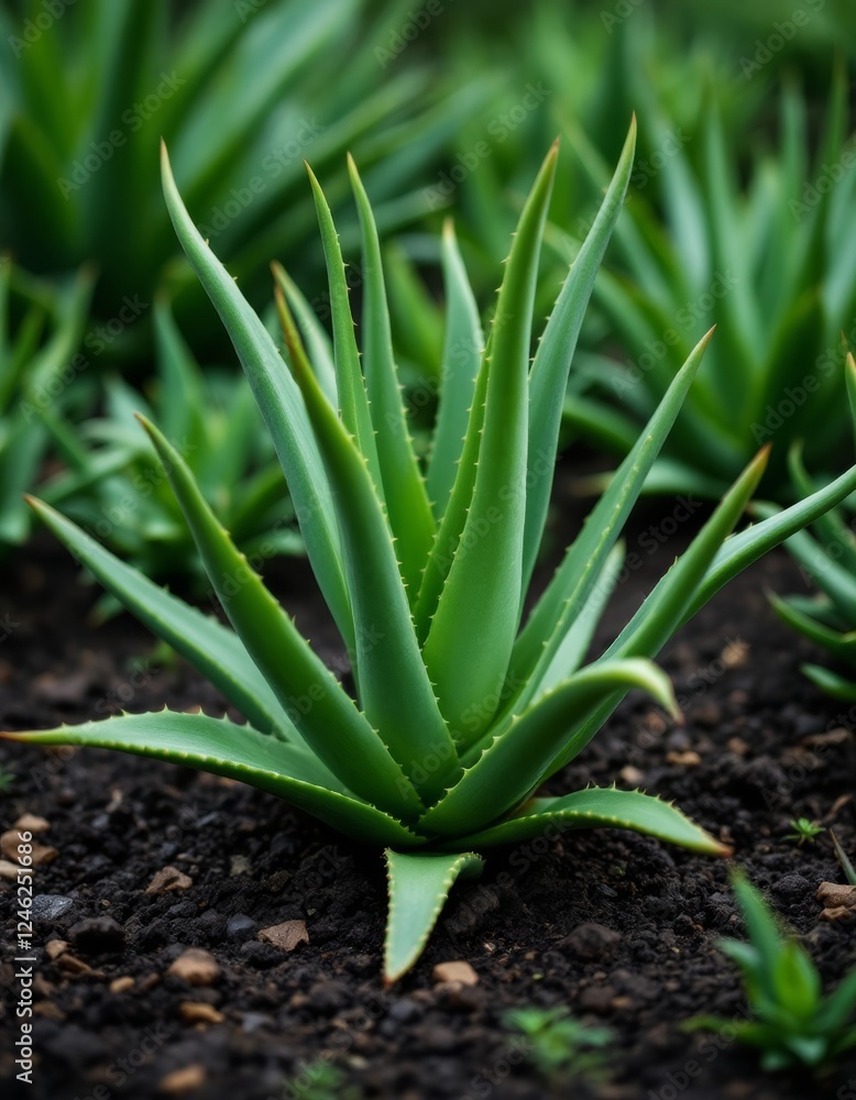 Lush Aloe Vera Plants Thriving in the Garden's Dark, Fertile Soil Bed Lush Aloe Vera Plants Thriving in the Garden's Dark, Fertile Soil Bed