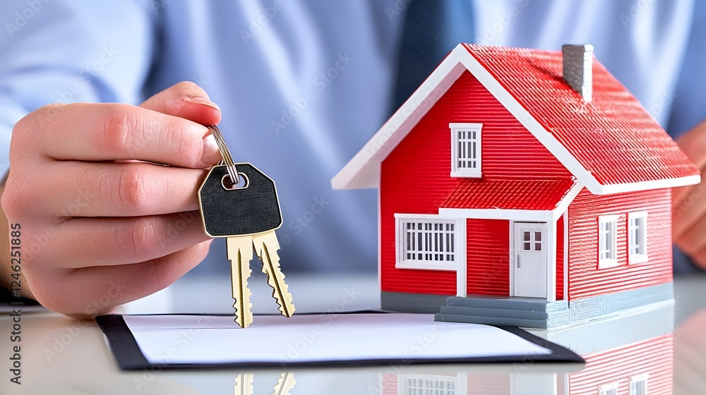 A close up view of a real estate professional finalizing a contract with a client The professional is holding a set of house keys and a small model home representing the property being transacted