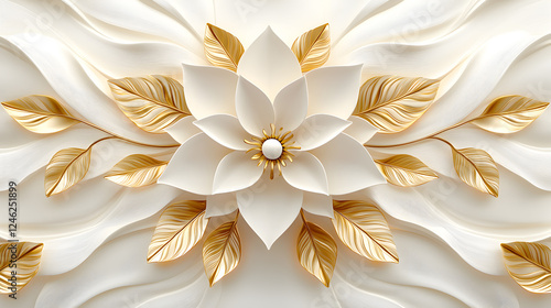 White 3D flower with gold leaves, textured white background. Elegant decorative floral design.