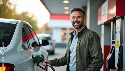 Smiling man refueling his car at a gas station with a cheerful expression
