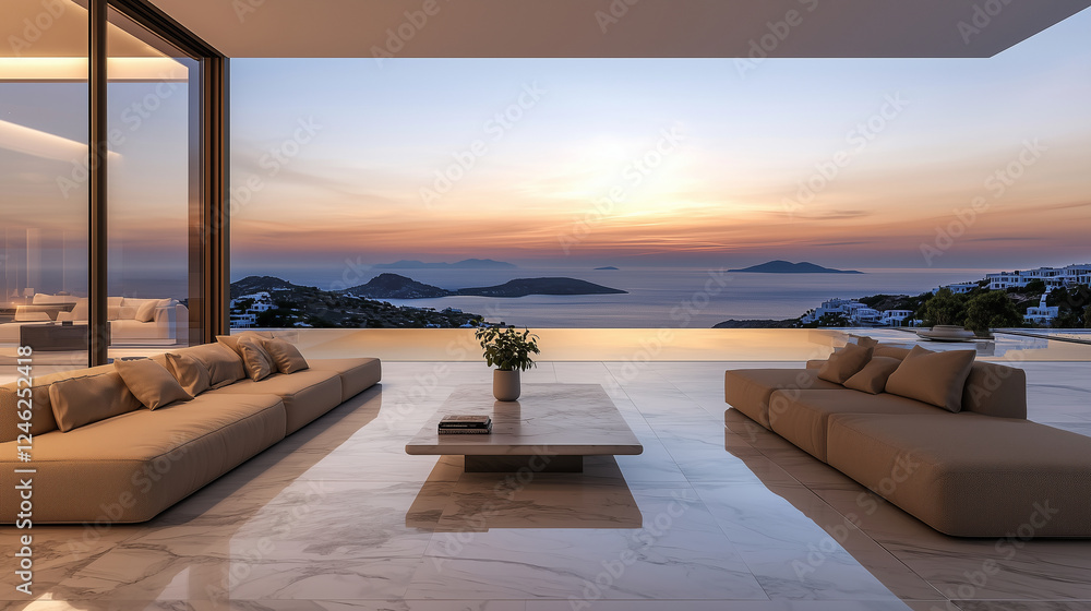 Fototapeta premium Contemporary Living Room with Seascape View at Sunset