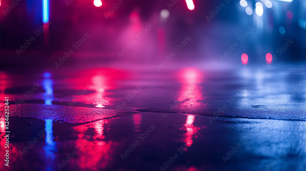 Fototapeta premium A dark, atmospheric scene featuring red and blue neon light beams reflecting on a wet surface, creating a futuristic, sci-fi-inspired ambiance. 