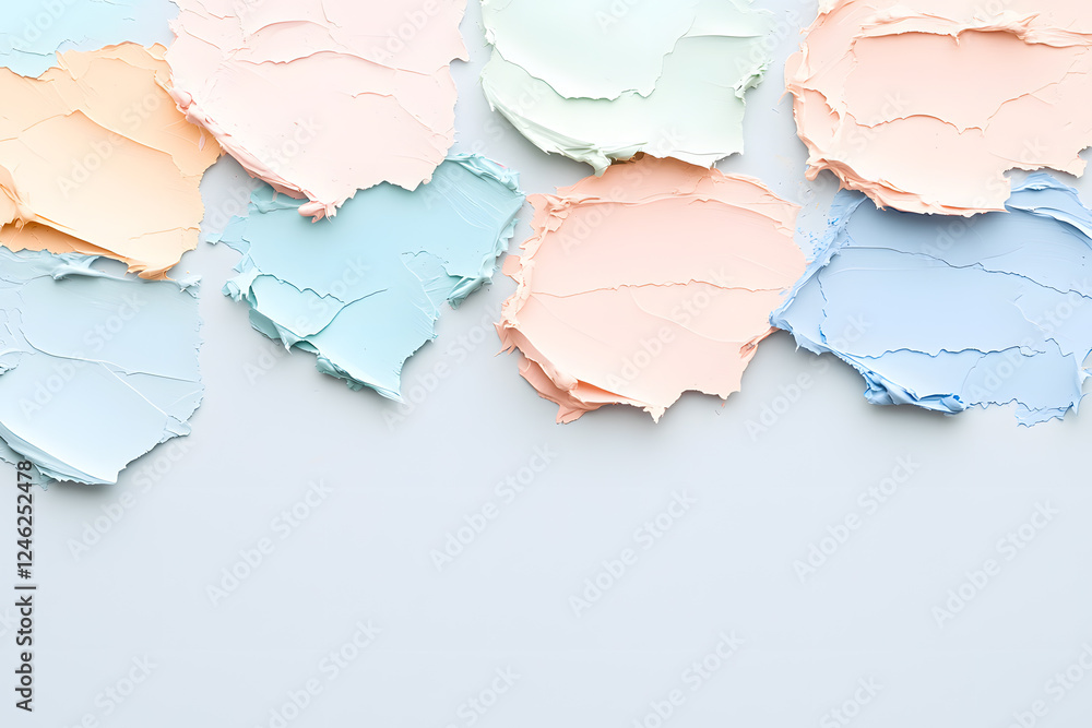 Fototapeta premium Pastel oil paint swatches with pale pink, blue, blue marine colors isolated on white backdrop