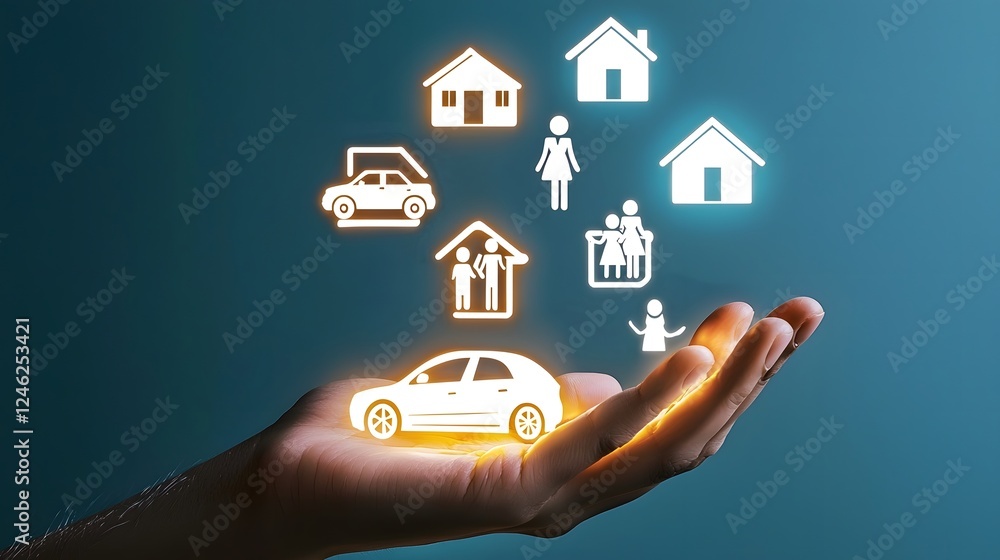 A futuristic digital image showcasing illuminated icons representing family car house and savings floating above a glowing hand