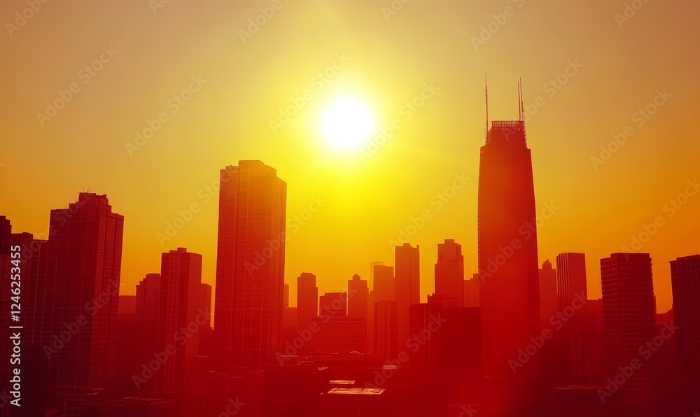 Fototapeta premium City skyline at sunset, warm orange glow, urban landscape