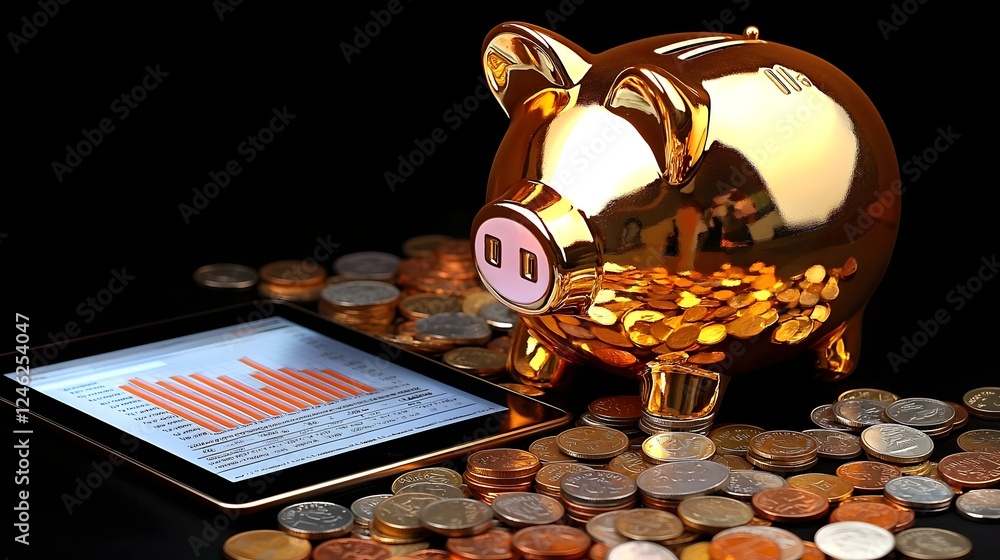 A golden piggy bank highlighted by warm bokeh lights surrounded by coins and a high tech tablet displaying financial analytics and data visualizations symbolizing wealth investment