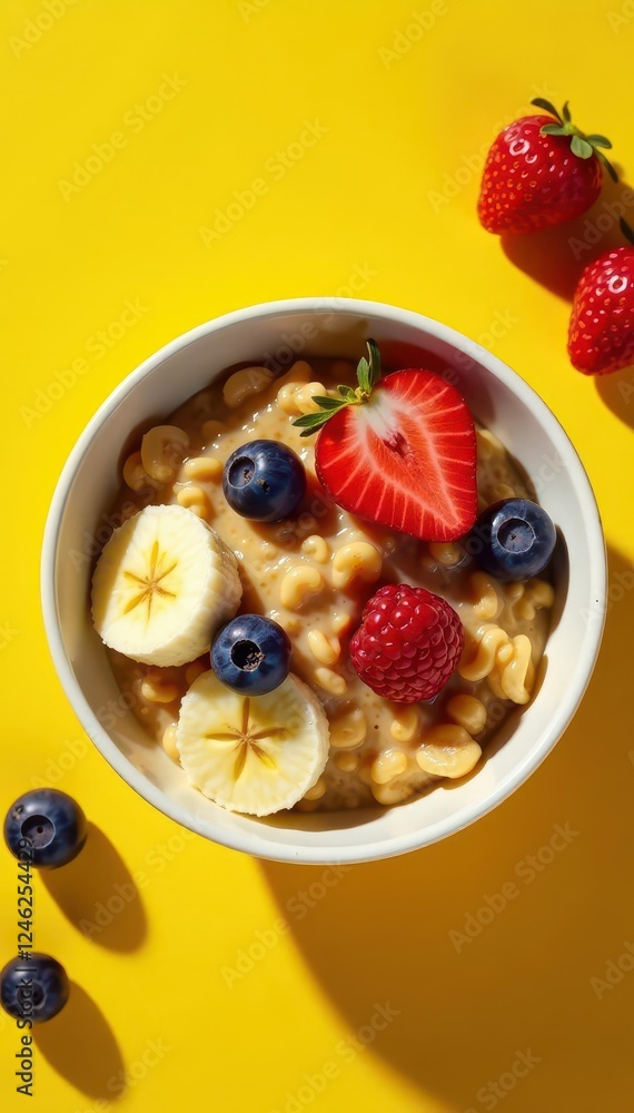 Warm oatmeal in a bowl with sliced banana and mixed berries on a sunny yellow background, honey, yellow background, banana Warm oatmeal in a bowl with sliced banana and mixed berries on a sunny yellow background, honey, yellow background, banana