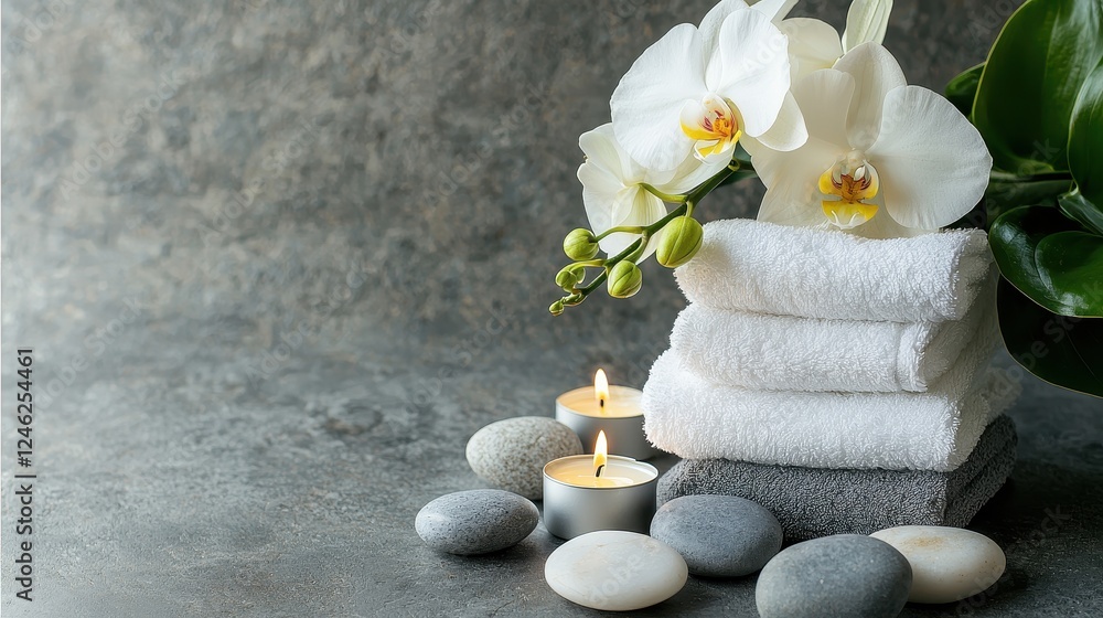 Serene Spa Still Life: White Orchids, Candles, and Smooth Stones Serene Spa Still Life: White Orchids, Candles, and Smooth Stones