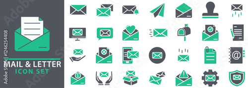 Mail and Letter icon set. Set of icons related to mail, email, postal letter and others. Vector illustration.