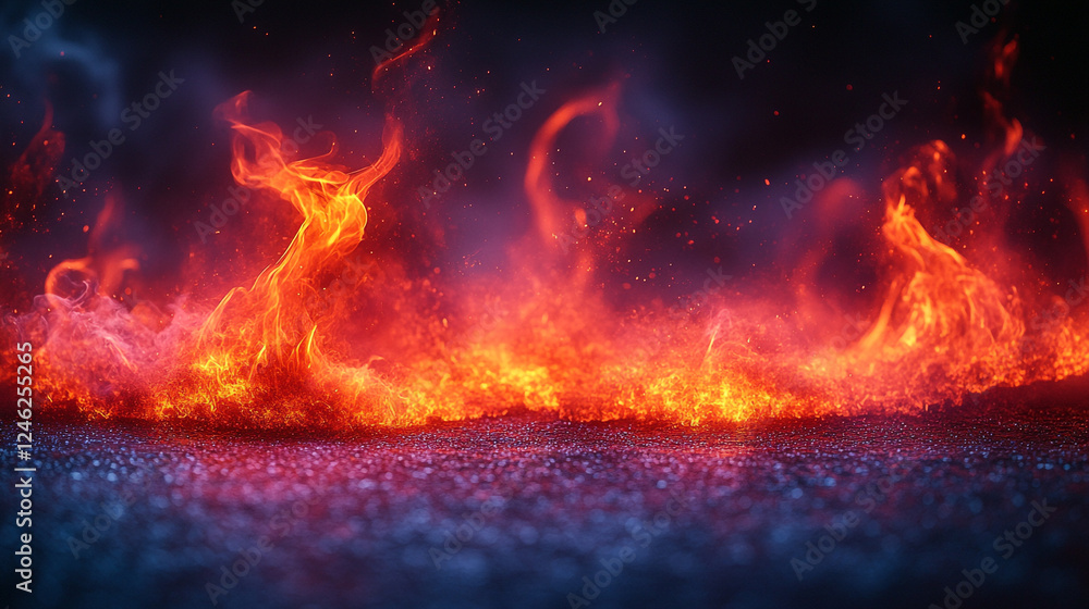 Fototapeta premium Fiery Inferno Dramatic Burning Embers Hot Red Orange Flames Background Texture fire heat dark smoke 