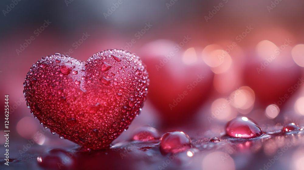 Fototapeta premium Red Heart Dew Drops Romantic Love Valentine Passionate Water Shiny Macro Image Beauty Nature Design 