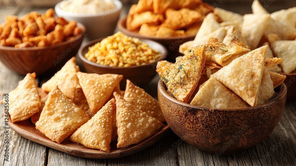Assorted savory snacks and crispy appetizers served on rustic wooden surface Assorted savory snacks and crispy appetizers served on rustic wooden surface