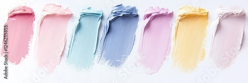 Soft pastel color palette swatches in pink, blue, and yellow tones smeared on white background, creating gentle watercolor-like texture for beauty, fashion or design projects.