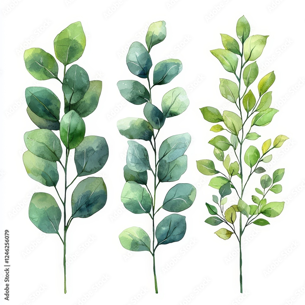Fototapeta premium Minimalist Watercolor Eucalyptus Leaf Compositions in Cool Green Tones