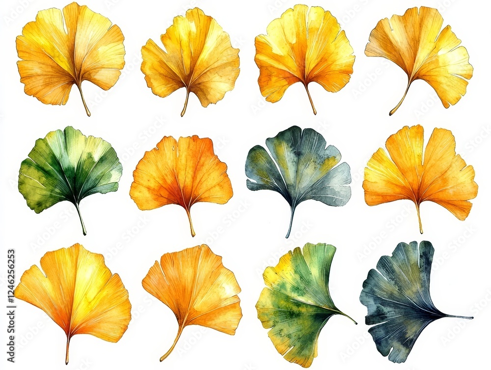 Obraz premium Elegant Watercolor Ginkgo Leaves in Golden Yellow Hues on Clean White Background with Intricate Brush Details