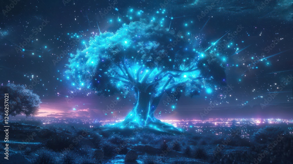 Enchanted luminous tree under a starry sky, illuminating the landscape with magical lights Enchanted luminous tree under a starry sky, illuminating the landscape with magical lights