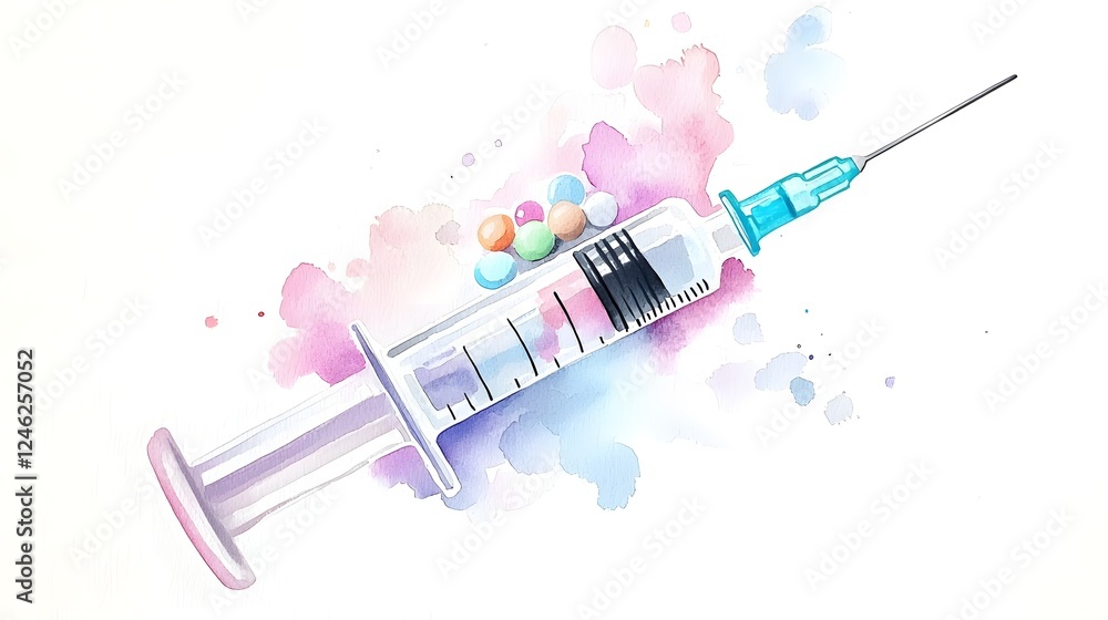 A vibrant abstract watercolor depicting a syringe filled with colorful medicine or vaccine symbolizing the healthcare system medical treatment and overall wellness and wellbeing