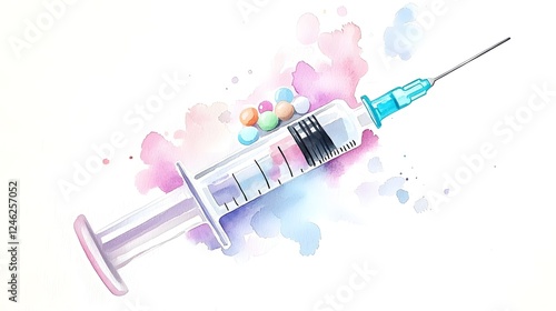 Obraz na płótnie A vibrant abstract watercolor depicting a syringe filled with colorful medicine or vaccine symbolizing the healthcare system medical treatment and overall wellness and wellbeing w salonie