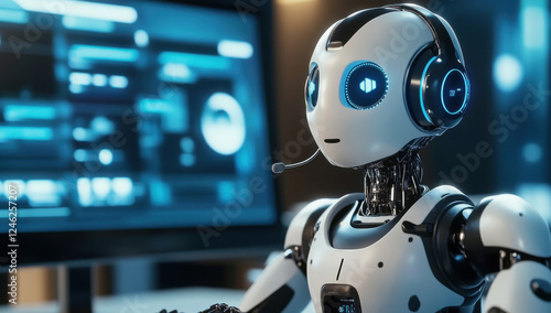 a robot call center agent wearing a headset with microphone interacting with an online chat session