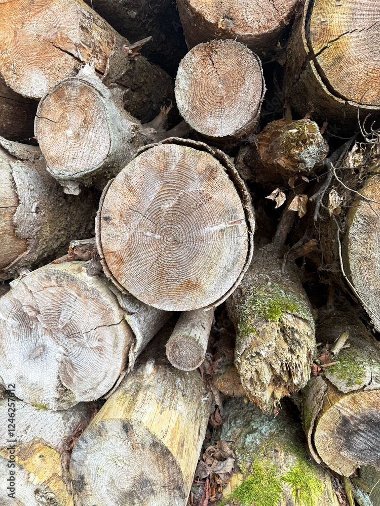 A stack of firewood neatly arranged in a forest clearing. The woodpile is surrounded by tall trees and fallen leaves, creating a natural, rustic atmosphere. The scene captures the essence of sustainab A stack of firewood neatly arranged in a forest clearing. The woodpile is surrounded by tall trees and fallen leaves, creating a natural, rustic atmosphere. The scene captures the essence of sustainab