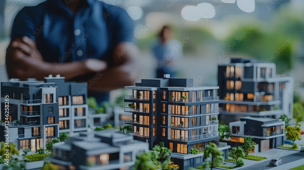 Obraz premium Architectural property models of houses and apartments displayed with precision blurred person in the background symbolizing the planning and development process for residential real estate projects
