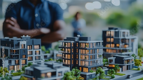 Architectural property models of houses and apartments displayed with precision blurred person in the background symbolizing the planning and development process for residential real estate projects