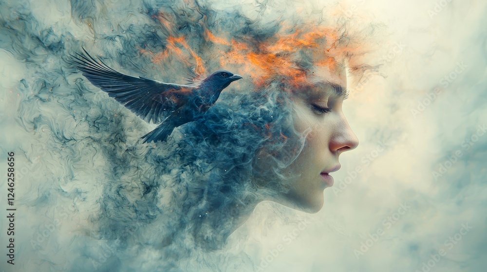 Fototapeta premium Ethereal Fusion A Bird Inspired Composite Portrait Blending Nature and Humanity
