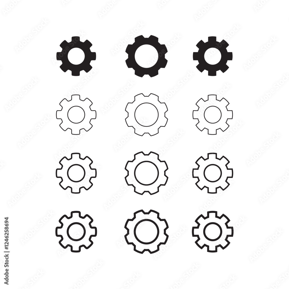 Black settings icon set. Cogwheel symbol template. Gear wheel vector linear icon for use in any purpose Black settings icon set. Cogwheel symbol template. Gear wheel vector linear icon for use in any purpose