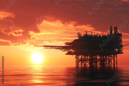 Gas production station at sea during sunset photo