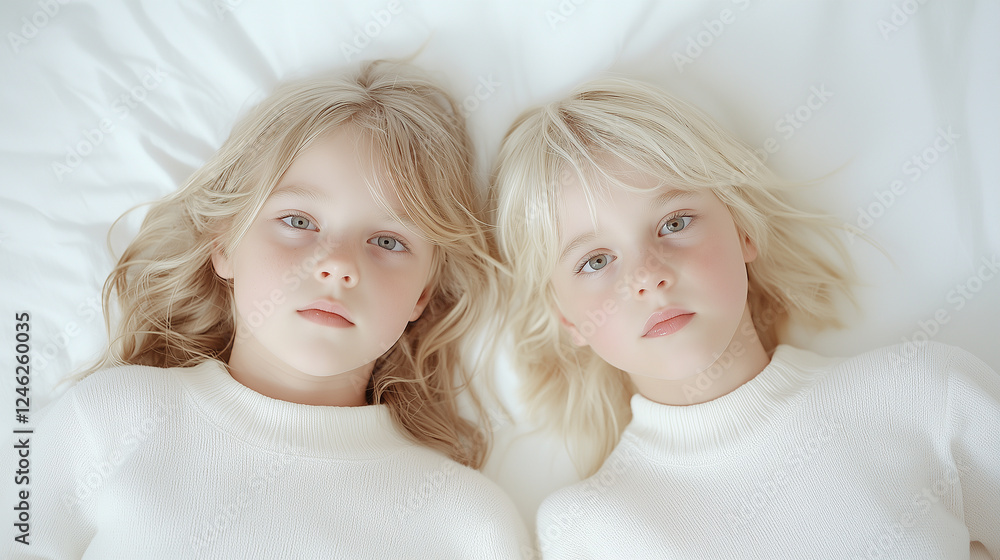 Young Children Relaxing on White Surface with Pink Tones Young Children Relaxing on White Surface with Pink Tones