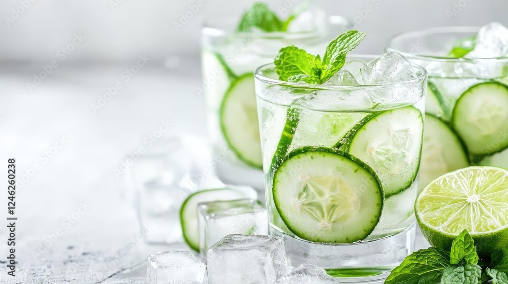 Wellness dining healthy detox concept. Refreshing cucumber and lime detox drink served with ice cubes and mint Wellness dining healthy detox concept. Refreshing cucumber and lime detox drink served with ice cubes and mint