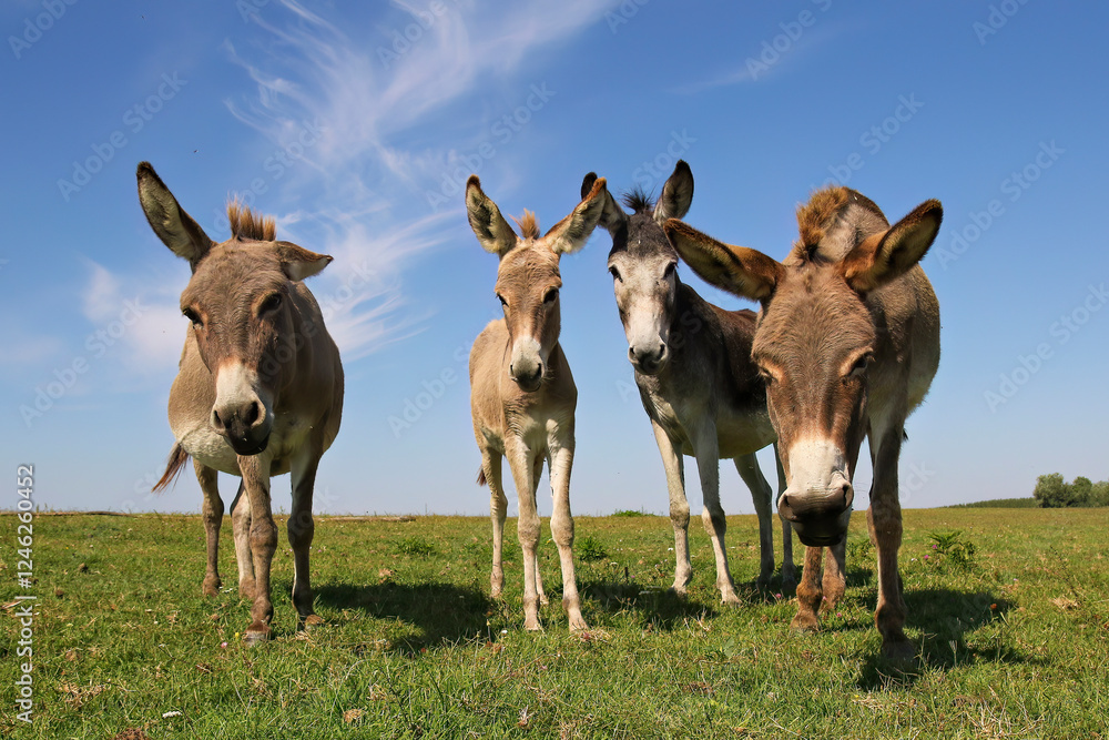 Herd of four funny donkeys