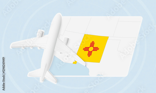 New Mexico Travel Illustration with Plane and National Flag. Airplane Flying Over New Mexico Map.
