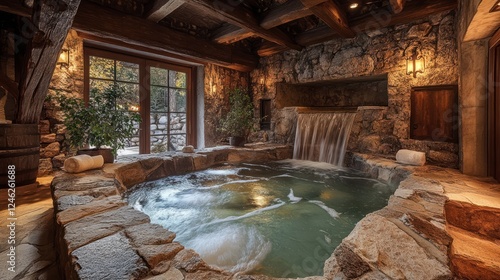 Wallpaper Mural Stone hot tub with waterfall in rustic cabin, viewed from above, could be for spa advert Torontodigital.ca